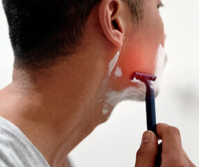 Man, shaving in home and skincare with cream for irritation, maintenance and beard aesthetic for...