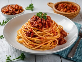 Italian Spaghetti noodles with sauce bolognese in a plate, on a table closeup, Italian food