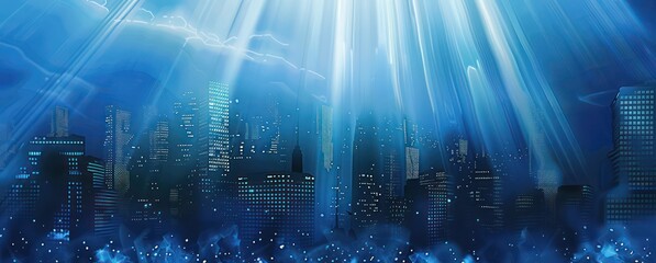 cityscape banner of a night sky and skyline lights with golden and blue colors