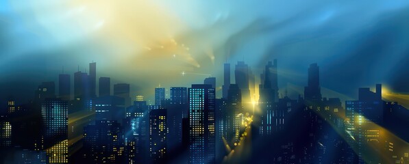 cityscape banner of a night sky and skyline lights with golden and blue colors