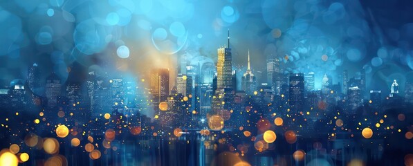 cityscape banner of a night sky and skyline lights with golden and blue colors