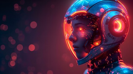 A futuristic and captivating graphic featuring a humanoid robot with a sleek helmet illuminated by vibrant neon lights in red and blue