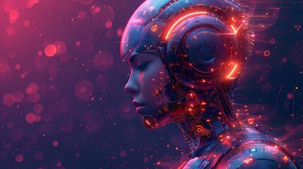 A striking and futuristic graphic featuring a humanoid robot with a sleek, illuminated design. The robot's profile is adorned with vibrant neon circuitry in shades of red and orange