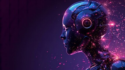 A mesmerizing and futuristic graphic depicting a humanoid robot in profile, with a sleek design illuminated by vibrant neon lights in shades of pink and purple