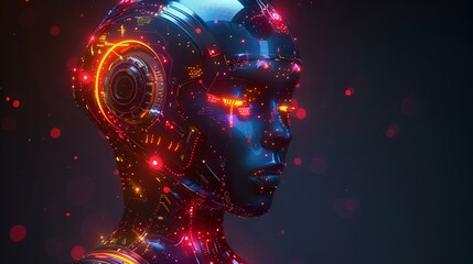 A futuristic and highly detailed graphic of a humanoid robot adorned with glowing neon lights and intricate circuitry