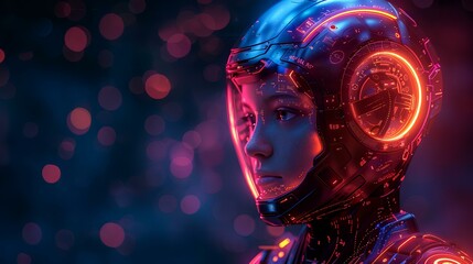 A captivating and futuristic graphic featuring a young humanoid robot with a sleek helmet adorned with glowing neon circuitry in red and blue