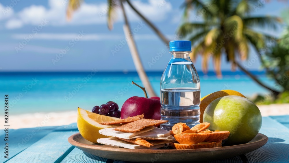 Poster A plate of food and water on a table by the ocean, AI