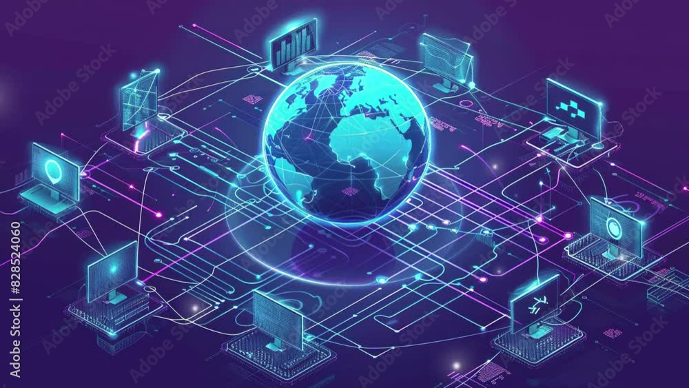Poster global connection concept. representation of the globe surrounded by technology icons. global social