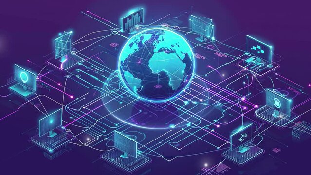 Global connection concept. Representation of the globe surrounded by technology icons. Global social media network. Digital globe symbolizing the internet. Communication technology background