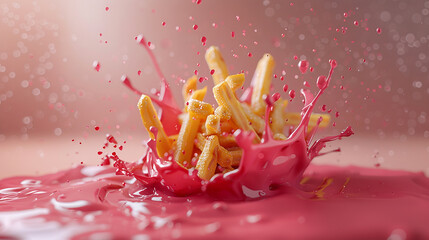 Chips falling and splashing on pink liquid