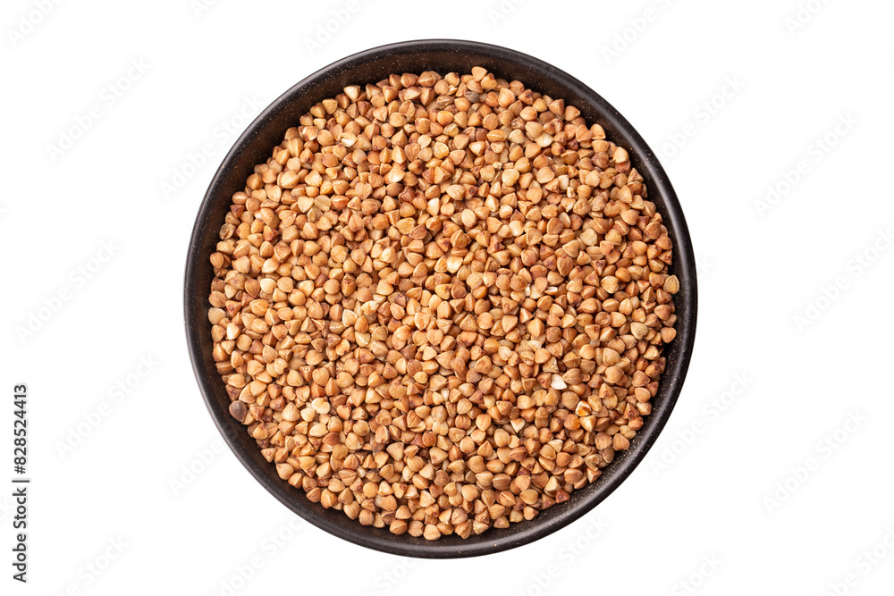 Wall mural Green buckwheat grain in clay bowl isolated on white background, top view. File contains clipping path.