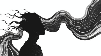 A woman with long hair is shown with her head tilted to the side. The hair is flowing in the wind, and the woman's face is obscured by the hair. Concept of freedom and movement
