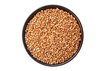 Green buckwheat grain in clay bowl isolated on white background, top view. File contains clipping path.