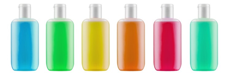 Collection cosmetic bottles isolated on white background. Antimicrobial liquid gel. Hand hygiene. Shampoo bottles.