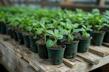 Green vegetable seedlings in a greenhouse