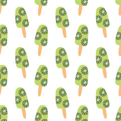 Seamless pattern. Ice cream with kiwi on stick. Summer time sweet food background. Vector flat illustration.