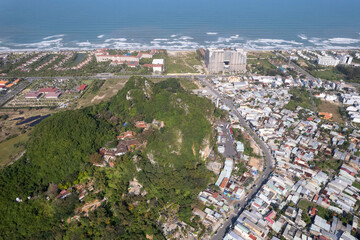 Drone view of Marble Mountains on sunny day. Da Nang, Vietnam.