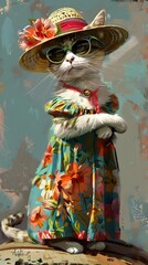 Fototapeta premium Whimsical Feline in Festive Tropical Attire