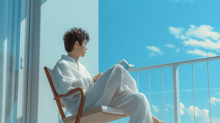 美しい青空の下白いベランダで読書をする中年男性