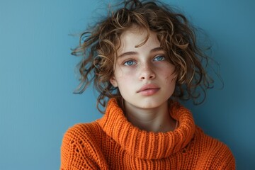 Teenager girl in a knitted sweater on a colored background