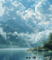 Tranquil Mountain Lake with Cloud Reflections