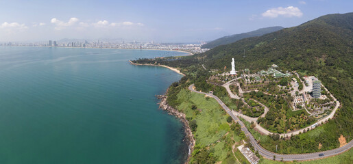 Panoramic aerial view of Chua Linh Ung Buddhist temple on sunny day. Da Nang, Vietnam.