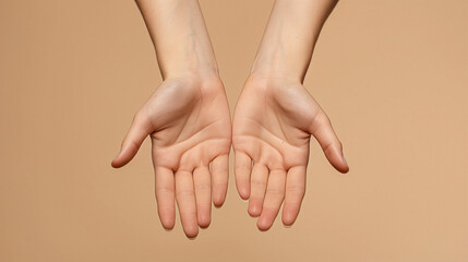 ヌードカラーの背景上で両手の平を見せているハンドモデル