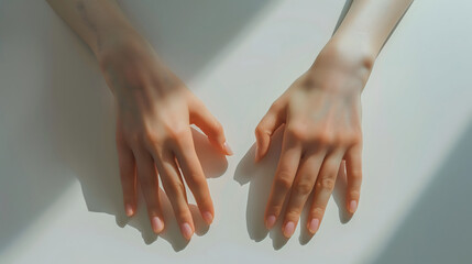 白いテーブルの上へ両手を置いて全体を見せている女性