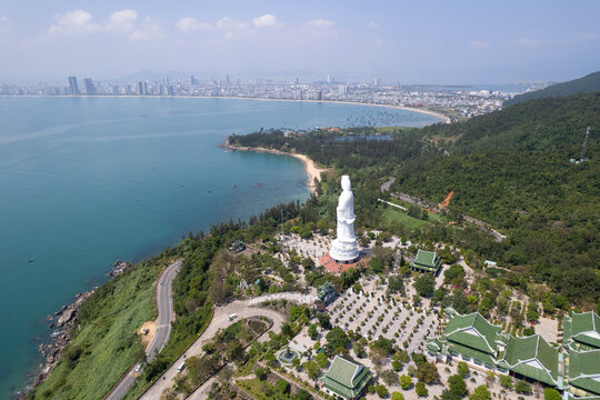 Drone view of Chua Linh Ung temple on sunny day. Da Nang, Vietnam.