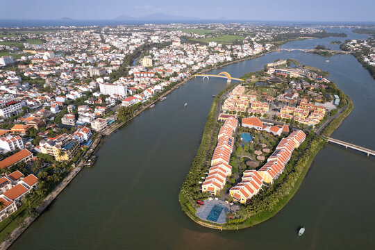 Aerial view of theme park Memories Land on sunny day. Hoi An, Vietnam.