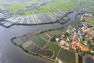 Drone view of farmlands in Thu Bon river delta on sunny day. Surroundings of Hoi An, Vietnam.