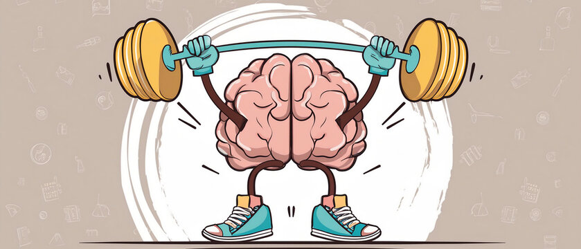 Mental Health: Cartoon brain lifting a bell for strong mental health, ai generated