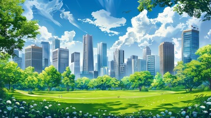 Fototapeta premium Public park and high-rise buildings cityscape in metropolis city center . Green environment city and downtown business district in panoramic view . 