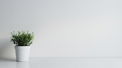 A small potted plant placed on one side of a plain white or light-colored surface, with the rest of the image left empty