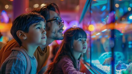 Parents and kids visiting a science fair, everyone fascinated by the exhibits, educational and engaging, vibrant indoor setting