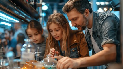 Parents and kids visiting a science fair, everyone fascinated by the exhibits, educational and engaging, vibrant indoor setting