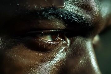 a man in the darkness with tears on his eyes and a black face