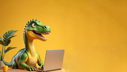 3D dinosaur character who sits at a table with a laptop on an isolated yellow background