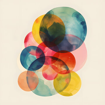 Vibrant watercolor circle rings overlapping with different colors on cream background
