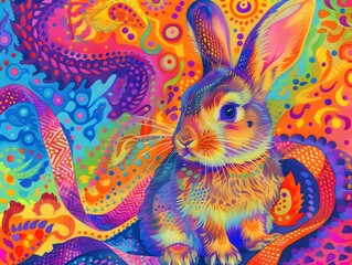 Obraz premium Surreal Psychedelic Rabbit in Vibrant Abstract Kaleidoscopic Digital