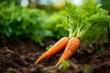 Fresh Organic Carrots With Green Tops In Soil At Local Farm. Generative AI