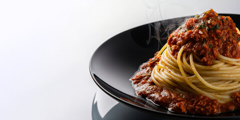 Smoky Hot Italian Spaghetti noodles with sauce bolognese on a black plate, on white background, closeup, Italian food, copy space