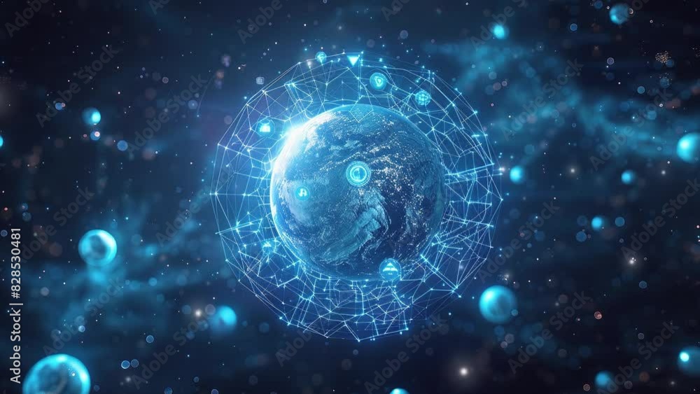 Poster global connection concept. representation of the globe surrounded by technology icons and connecting