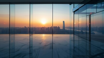 Empty floor and modern city skyline with building at sunset in Suzhou China. high angle view. 