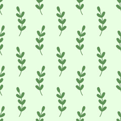 Seamless pattern of green foliage natural branches. Herbs plant wallpaper. Hand drawn. Vector fresh rustic eco friendly background. Flat simple illustration.