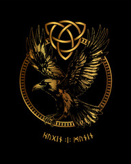 Huginn and Muninn - Odin's Celtic Ravens. Scandinavian tattoo as well as print on fabric. Runic symbols in the Old Norse language in translation mean Ravens. Vector illustration