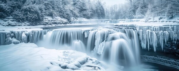 Scenic winter waterfall with frozen ice formations, surrounded by snowy trees, creating a serene and tranquil natural landscape.