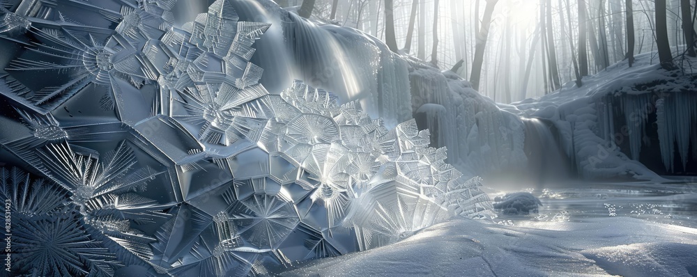Poster sunlight filters through a wintry forest, illuminating intricate frost patterns on the ground and cr