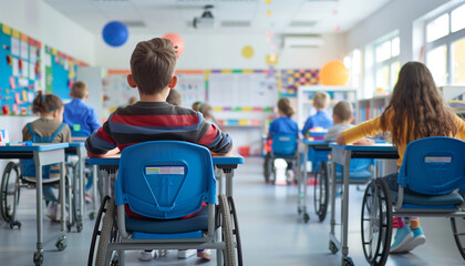 a  of a classroom with disabled students using adaptive desks and chairs, designed to ensure comfort and accessibility, disabled students, ensuring the environment, c