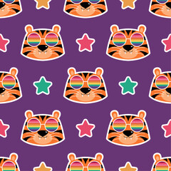 Seamless pattern with a cute tigers with rainbow glasses. Vector illustration in flat style. Stylized cartoon drawing of a cute tiger face.	
